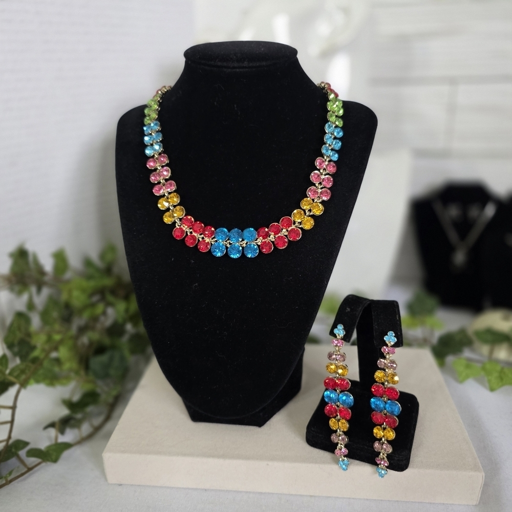Gold and Colorful Crystal Necklace with Matching Earrings